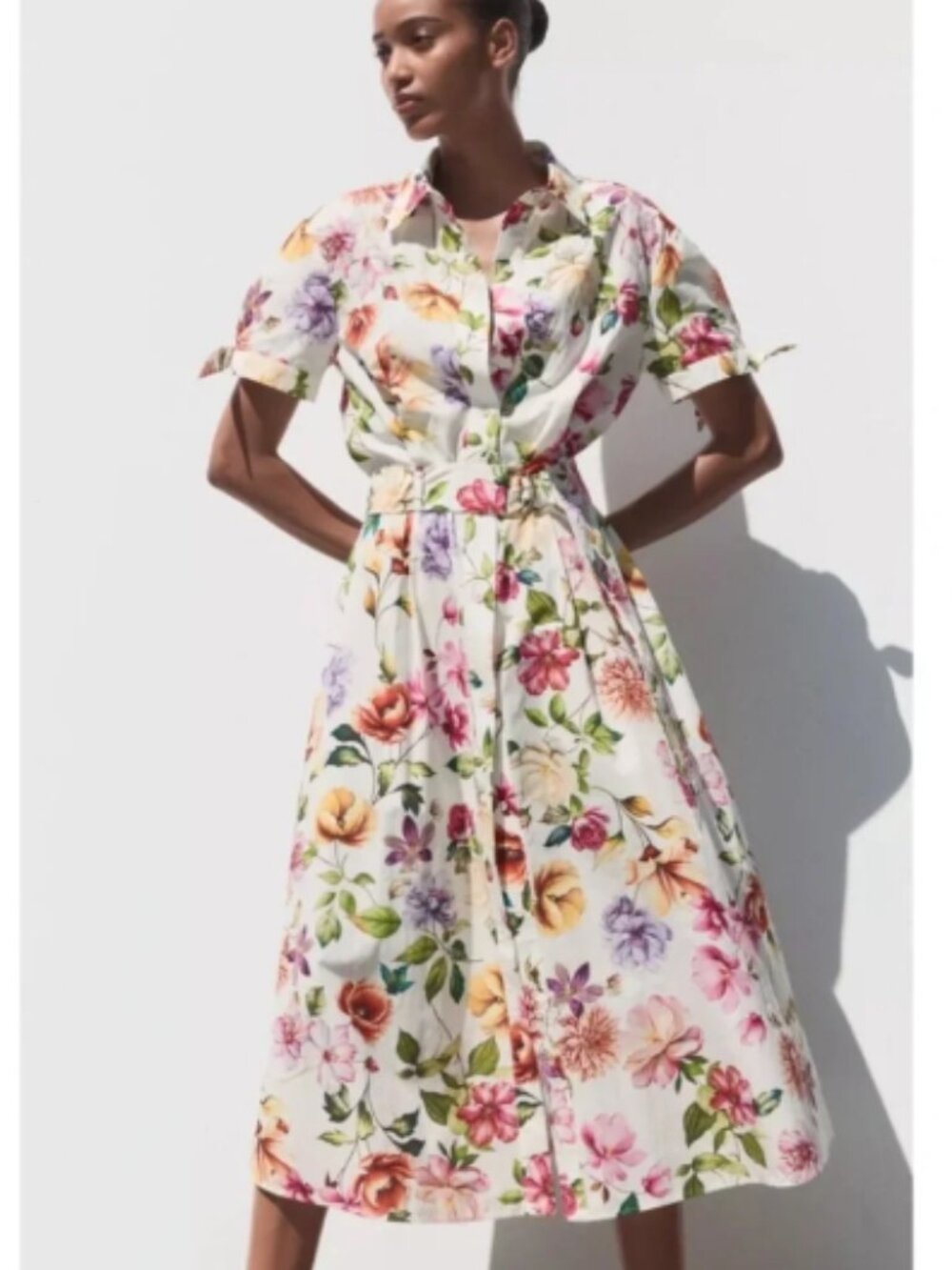 ZARA Midi Dress Size XS Cotton Poplin Print Tie Sleeves Belted Floral NWT